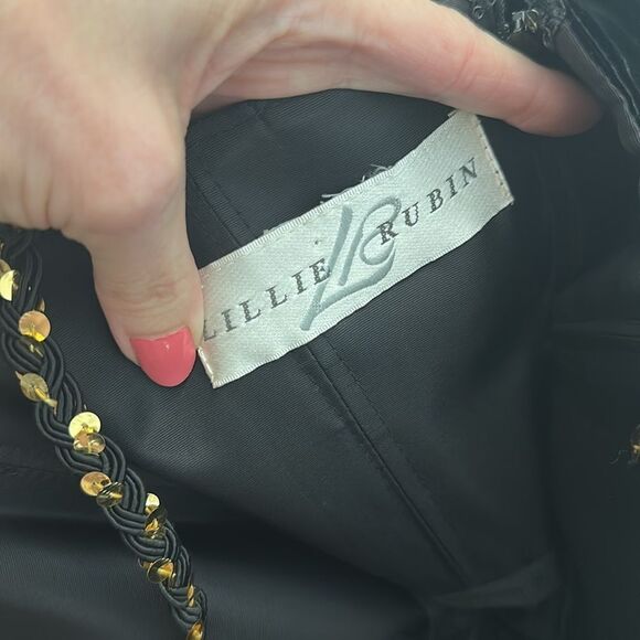 Lillie Rubin black velvet maxi dress gown long gold sequin straps 4 - Picture 2 of 7